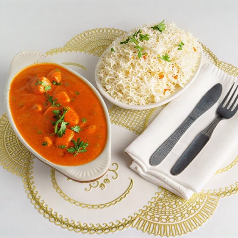 A white oval dish of chicken tikka masala with a side of basmati rice and cutlery.