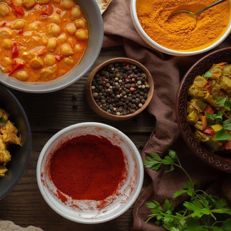 Overhead view of various Indian dishes and spices, including chickpea curry, on a wooden table.