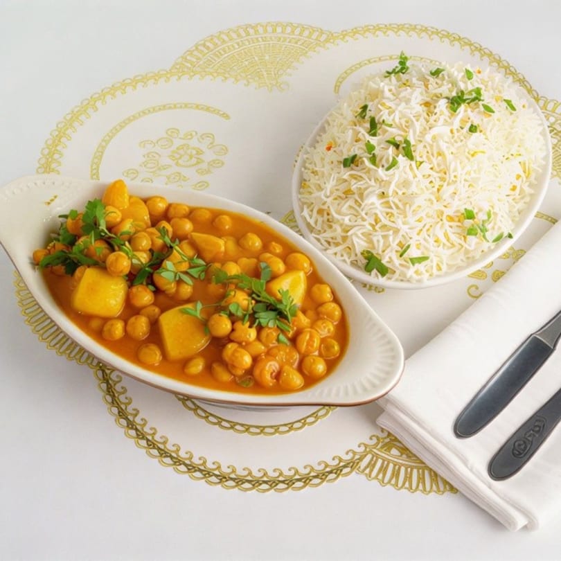 Chickpea and potato curry in a white dish, served with a side of white rice and cutlery.